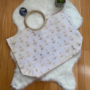 White Tote Bag with Gold Anchor Pattern and Round Handles